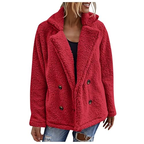 Teddy Fleecejacke Damen Stehkragen Knöpfen Teddyfleece Jacke Plüschjacke Mit Taschen Ohne Kapuze Flauschige Sherpa Jacke Outdoor Jacken Teddyjacke Mit Warm Gefüttert,Rot,XL von Didadihu