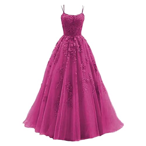 Tüll Ballkleid Damen mit Spaghettiträgern Lange Spitzenapplikationen Ballkleider A Linie formelle Party Abendkleider Damen,Hot Pink,XL von Didadihu