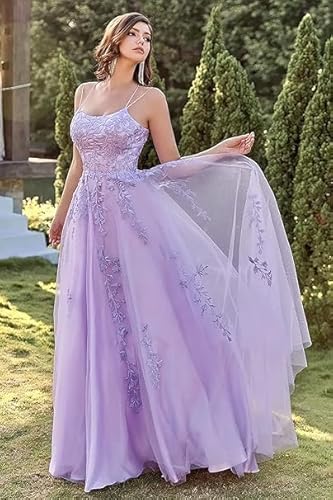 Tüll Ballkleid Damen mit Spaghettiträgern Lange Spitzenapplikationen Ballkleider A Linie formelle Party Abendkleider Damen,PK2,XS von Didadihu