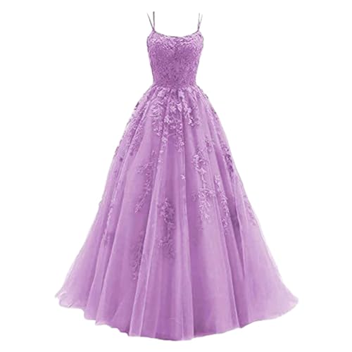 Tüll Ballkleid Damen mit Spaghettiträgern Lange Spitzenapplikationen Ballkleider A Linie formelle Party Abendkleider Damen,PP1,3XL von Didadihu