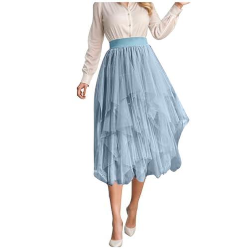 Tüllrock Lang Damen High Low Layered Puff Lagenrock Faltenrock Mit elastischer hoher Bund Midi Swing Tütü Tutu Rock Unregelmäßiger A-Linie Midirock tüll Röcke,Hellblau,XXL von Didadihu