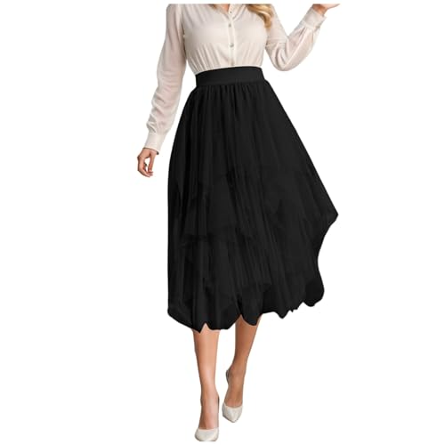 Tüllrock Lang Damen High Low Layered Puff Lagenrock Faltenrock Mit elastischer hoher Bund Midi Swing Tütü Tutu Rock Unregelmäßiger A-Linie Midirock tüll Röcke,Schwarz,L von Didadihu