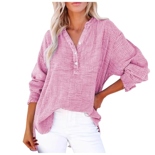 Tunika Damen große größen,Oversize Casual Musselin Bluse Lang Lässiges Shirt Langarmshirt Freizeit Lose Locker Tuniken Blusenshirt Tunika,Rot,S von Didadihu