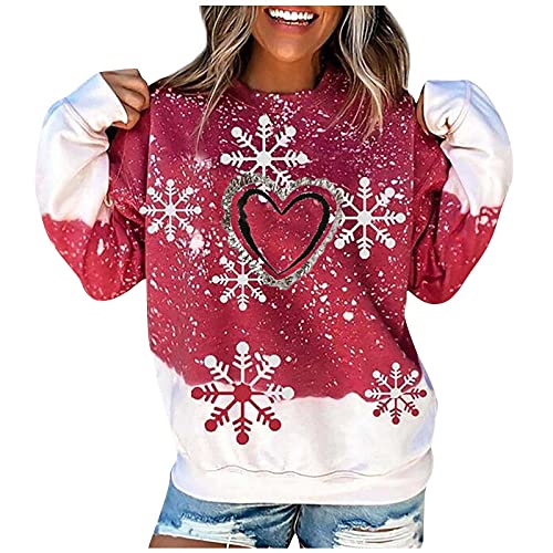 Weihnachten Damen,Partnerlook Lustig Weihnachtspullover Damen Merry Christmas Weihnachts Weihnachts Tshirt Oversize Rundhals Teenager Mädchen Langarmshirt,Rot,XXL von Didadihu