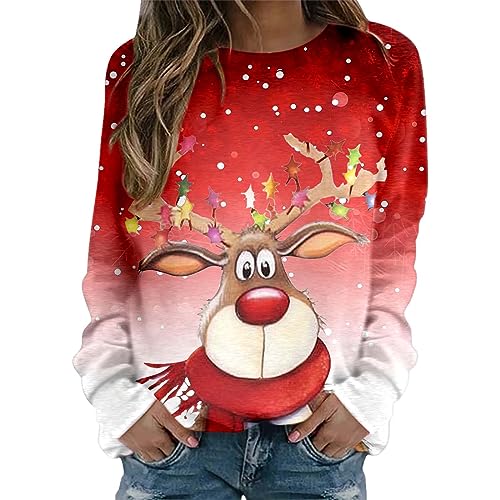 Weihnachtspullover Teenager mädchen,Ugly Lustig Weihnachtspullover Damen Rundhals Xmas Sweatshirt Partnerlook Weihnachts Baumwolle Oberteile,Rot,XXL von Didadihu