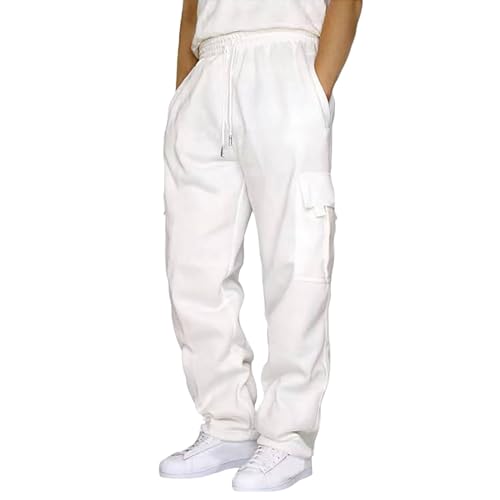 Weisse Jogginghose Herren, Cargo Baumwolle Freizeithose Trainingshose Breite 3XL Activewear Jogginghose 4XL Baggy Lang Sport Hose Sporthose Sweatpants,Weiß,3XL von Didadihu