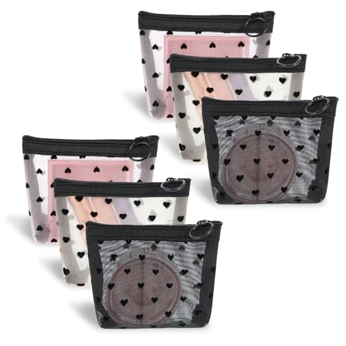 Dimeho Mesh Kosmetiktasche, 6 Stück Kleine Herz-Netztaschen mit Reißverschluss, Tragbare Reisetasche Kosmetiktasche für Handtasche Aufbewahrungstasche für Frauen Organizer-Tasche (Schwarz/Beige/Rosa) Dimeho Mesh Kosmetiktasche, 6 Stück Kleine Herz-Netztaschen mit Reißverschluss, Tragbare Reisetasche Kosmetiktasche für Handtasche Aufbewahrungstasche für Frauen Organizer-Tasche (Schwarz/Beige/Rosa) von Dimeho