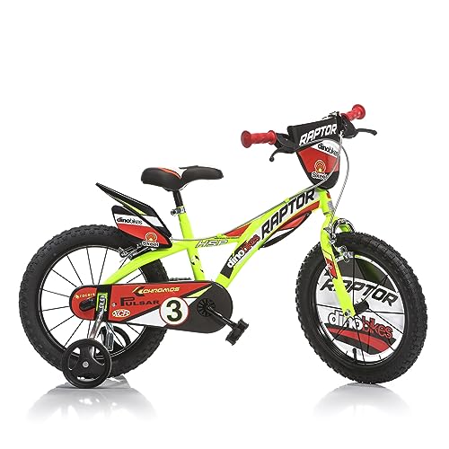 Dino Bikes Kinderfahrrad Jungen Raptor 16 Zoll mit Bremsen am Lenker Stützräder Gelb von Dino Bikes