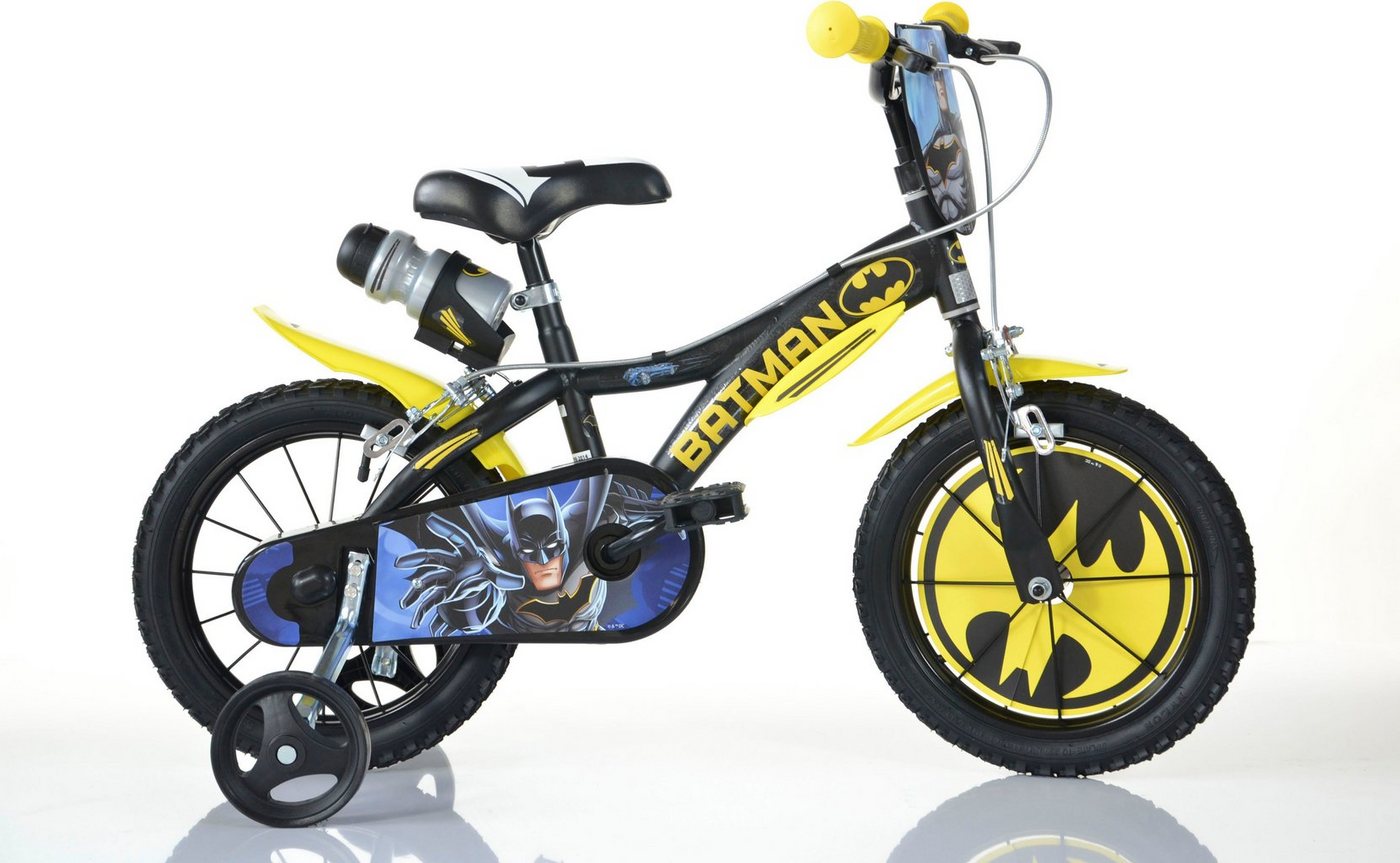 Dino Kinderfahrrad Batman, 1 Gang, mit Stützrädern, Trinkflasche und Frontschild von Dino