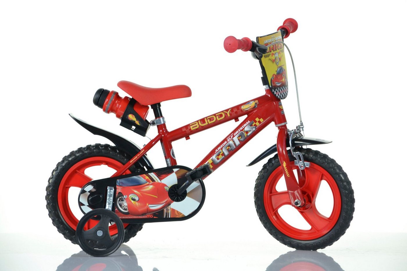 Dino Kinderfahrrad Cars Buddy 12 Zoll, 1 Gang, mit Stützrädern, Trinkflasche und Frontschild von Dino