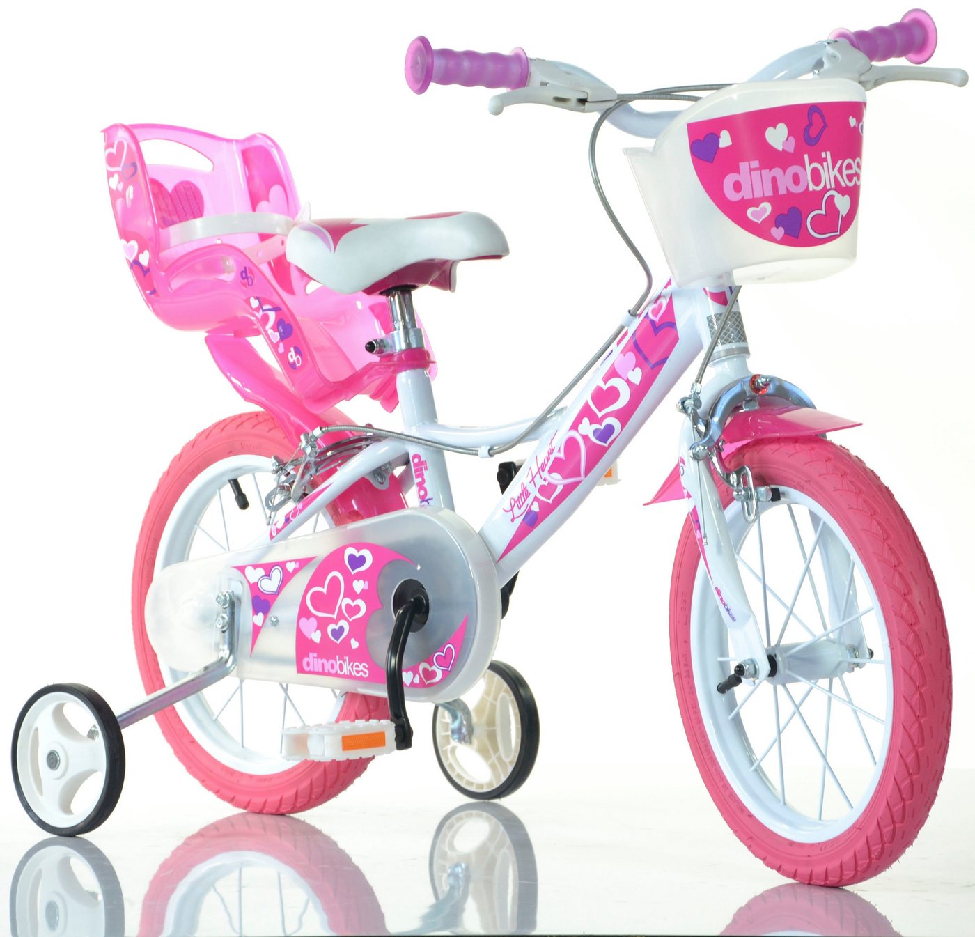 Dino Kinderfahrrad Mädchenfahrrad 16 Zoll, 1 Gang, mit Stützrädern, Korb und Puppensitz Dino Kinderfahrrad Mädchenfahrrad 16 Zoll, 1 Gang, mit Stützrädern, Korb und Puppensitz von Dino