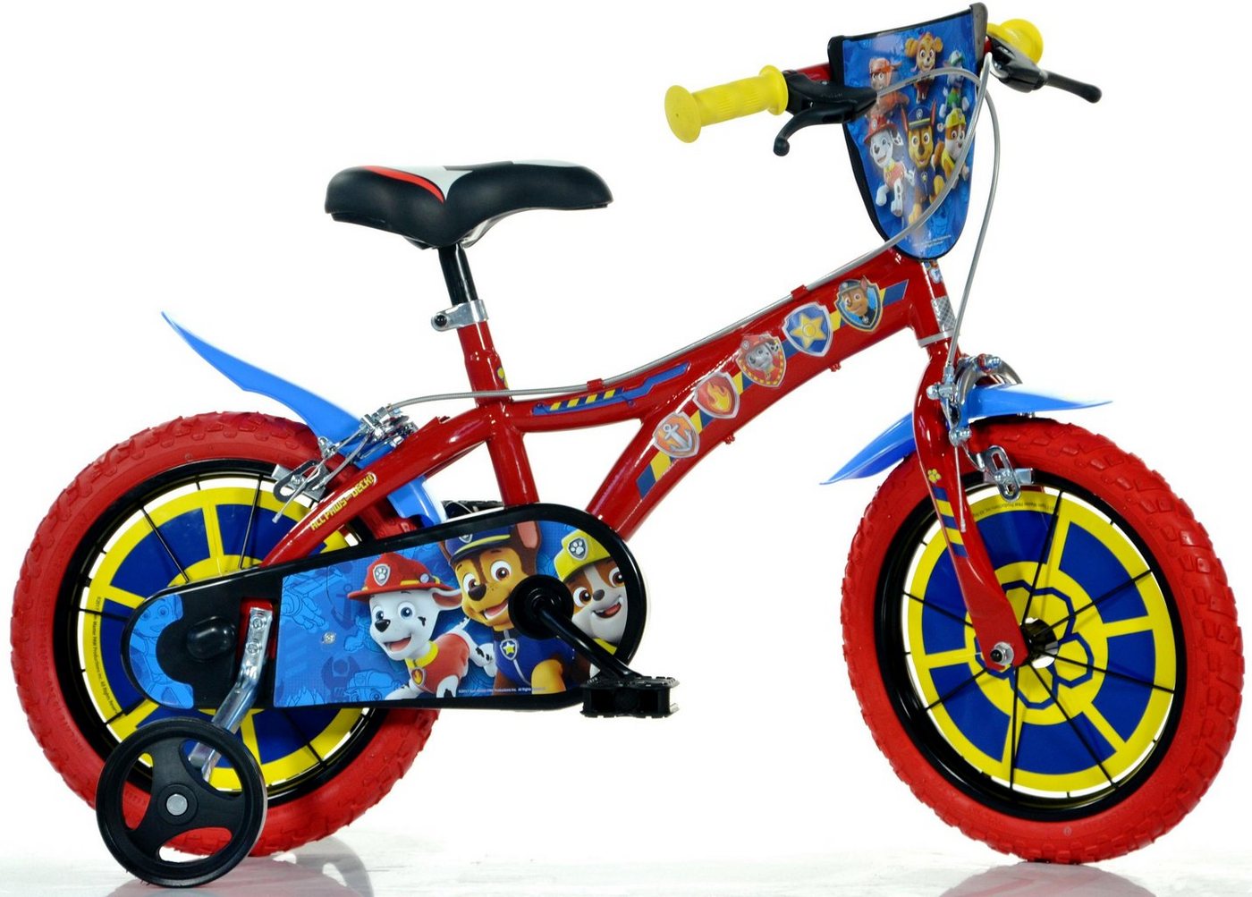 Dino Kinderfahrrad Paw Patrol 14 Zoll, 1 Gang, mit Stützrädern, Trinkflasche und Frontschild von Dino