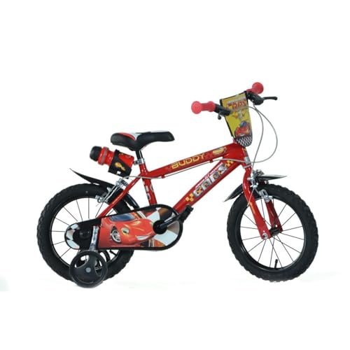 Dino Bikes – 14 Zoll Kinderfahrrad Cars – Jungen Fahrrad mit abnehmbaren Stützrädern ab 3 Jahren – Kinderrad mit Frontschild & Trinkflasche inkl. Halterung – verstellbare Sattel- & Lenkerhöhe (Rot) von Dinobikes