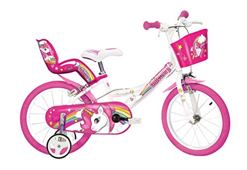 Dino Bikes 164R-UN Kinderfahrrad Einhorn, 16 Zoll Fahrrad mit Stützrädern, Schutzblech, Kettenschutz, Korb und Puppen-Aufsatz, Kinderrad mit Regenbogen Motive, für Kinder ab 6 Jahren, Weiß/Pink von Dino Bikes