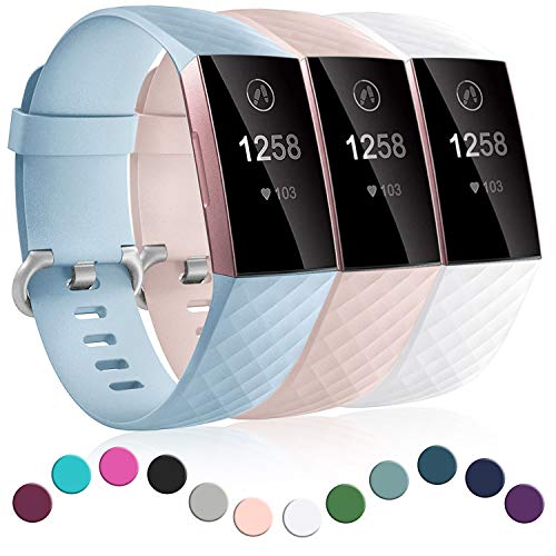 Dirrelo 3 Pack Armbänder Kompatibel mit Fitbit Charge 3/Fitbit Charge 4/Charge 3 SE Armband für Damen und Herren, Sport Verstellbares Ersatzarmband Silikon Uhrenarmband, Rosa+Weiß+Hellblau L von Dirrelo