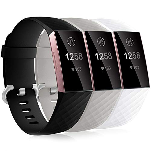 Dirrelo 3 Pack Armbänder Kompatibel mit Fitbit Charge 3/Fitbit Charge 4/Charge 3 SE Armband für Damen und Herren, Sport Verstellbares Ersatzarmband Silikon Uhrenarmband, Schwarz+Weiß+Grau S von Dirrelo