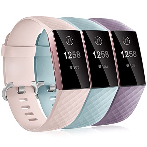 Dirrelo 3 Pack Armbänder Kompatibel mit Fitbit Charge 3/Fitbit Charge 4/Charge 3 SE Armband für Damen und Herren, Sport Verstellbares Ersatzarmband Silikon Uhrenarmband, Türkis+Rosa+Lavendel L von Dirrelo