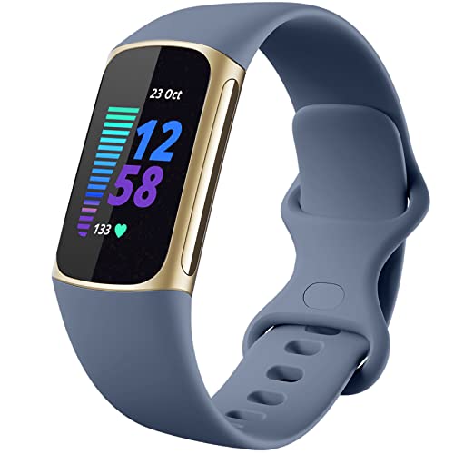 Dirrelo Armband Compatible with Fitbit Charge 5 Armband/Fitbit Charge 6 Armband Damen Herren，Weich Silikon Uhrenarmband, Sport Wasserdicht Ersatzarmband für Fitbit Charge 5 Charge 6, Blau Grau Groß von Dirrelo