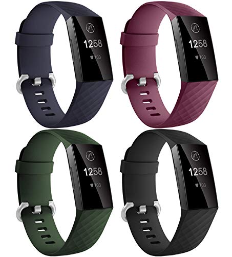 Dirrelo Kompatibel mit Fitbit Charge 3/Fitbit Charge 4 für Damen und Herren, 4 Pack Wasserdicht Verstellbares Silikon Ersatzarmband Sport Uhrenarmband für Fitbit Charge 3/4, Schwarz+Blau+Grün+Wein S von Dirrelo