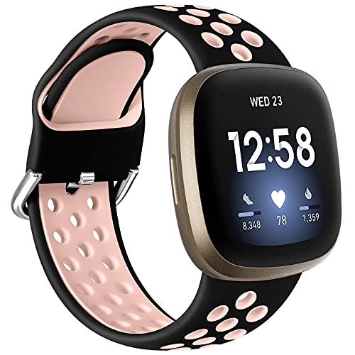 Dirrelo Kompatibel mit Fitbit Versa 4 Armband/Fitbit Versa 3 Armband/Fitbit Sense Armband/Fitbit Sense 2 Armband Damen Herren, Sport Silikon Atmungsaktiv Ersatzarmband Uhrenarmband, L Schwarz/Rosa von Dirrelo