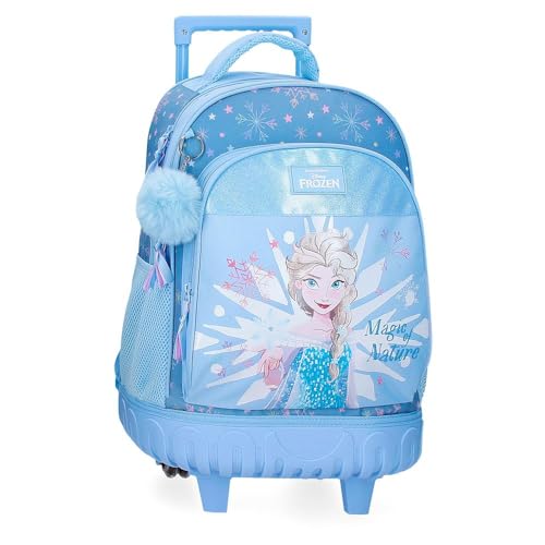 Disney Joumma Bags Eiskönigin Magic Kinderrucksack, blau, aus Polyester, verstellbare Träger für bequemes Tragen, verschiedene Fächer, mit blauem Bommel, blau, Rucksack mit Rädern von Disney