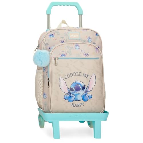 Joumma Disney Stitch Cuddle Me Happy Schulrucksack mit Trolley, Beige, 30 x 38 x 12 cm, Polyester, Beige, Talla única, Schulrucksack mit Trolley von Disney