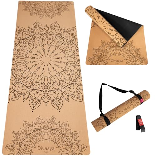 DIVASYA Premium Yogamatte Kork rutschfest: aus Naturkautschuk rutschfest & Kork, natürlich & nachhaltig, großzügige Maße (183x66x0,4cm), Yoga Matte Kork rutschfest, Tragegurt, schadstofffrei von Divasya