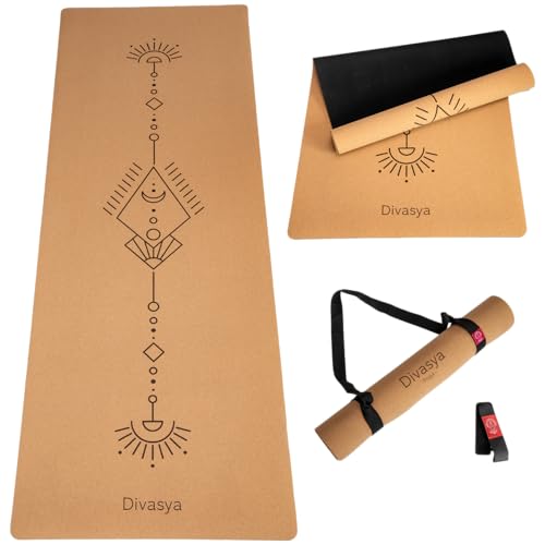 DIVASYA Premium Yogamatte Kork rutschfest: aus Naturkautschuk rutschfest & Kork, natürlich & nachhaltig, extra-breit & extra-dick (183x66x0,4cm), Yoga Matte Kork rutschfest (Kork Magic Arrow) von Divasya