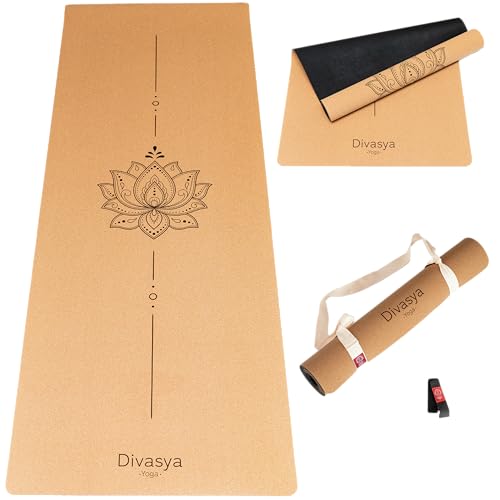 DIVASYA Premium Yogamatte Kork rutschfest: aus Naturkautschuk rutschfest & Kork, natürlich & nachhaltig, großzügige Maße (183x66x0,4cm), Yoga Matte Kork rutschfest, Tragegurt, schadstofffrei von Divasya