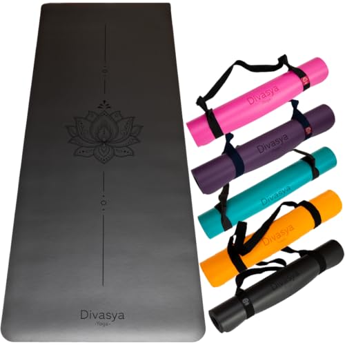 DIVASYA Premium Yogamatte rutschfest: Naturkautschuk rutschfest & japanische professional grip Oberfläche | großzügige Maße 185x68x0,45cm | Tragegurt |4,5mm dicke Yoga Matte rutschfest von Divasya