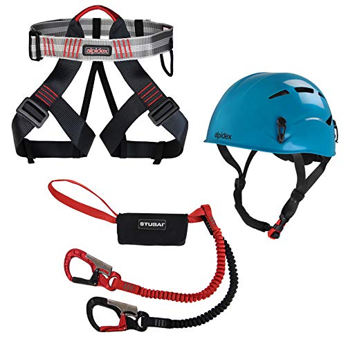 ALPIDEX Kletterhelm + ALPIDEX Klettergurt + Stubai Klettersteigset Basic 3.0, Farbe:Turquoise Blue, GrößeGurt - Universalgröße/red Pepper von Diverse