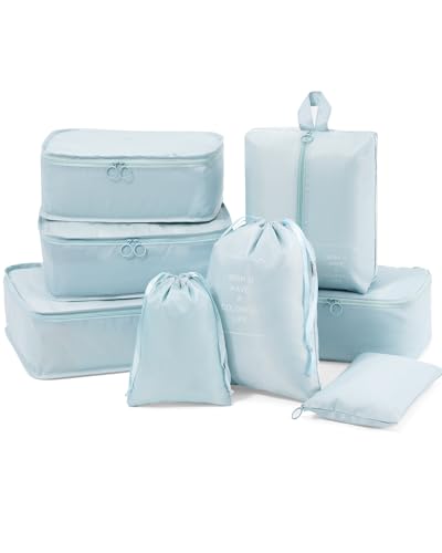 Koffer Organizer 8-Teilig Packing Cubes Packtaschen Wasserdichte Packwürfel Kleidertaschen Verpackungswürfel Gepäck Taschen für Reise, See Blau von DoGeek
