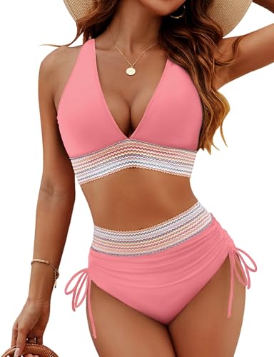 2024 High Waisted Tummy Control Color Block Bikini Sets, Bathing Suit for Women V Neck 2 Piece Drawstring Swimsuit (Pink,XL) von Doandcan