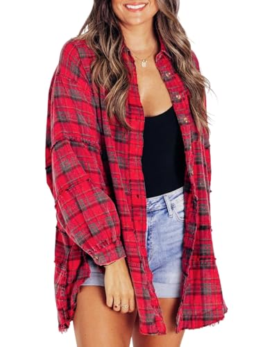 2024 Trend New Women's Seams Raw Edge Washed Oversized Shirt Jacket with Pockets, Oversized Button Down Plaid Shirt for Woman (Red,2XL) von Doandcan