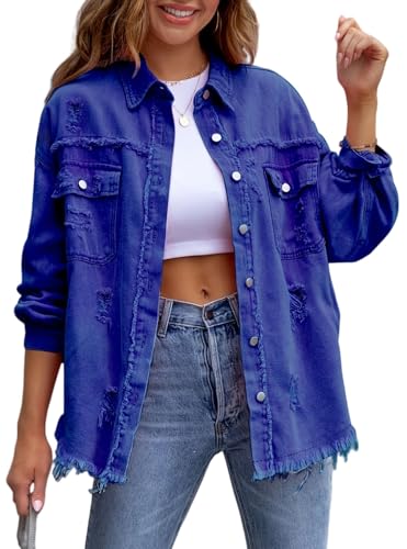 2024 Women's Basic Casual Ripped Denim Jacket, Button Up Frayed Hem Shacket Long Sleeve Denim Shirt Autumn Jean Coat (Blue,L) von Doandcan