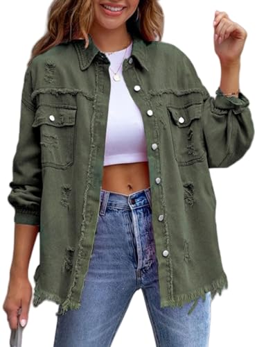 2024 Women's Basic Casual Ripped Denim Jacket, Button Up Frayed Hem Shacket Long Sleeve Denim Shirt Autumn Jean Coat (Green,L) von Doandcan