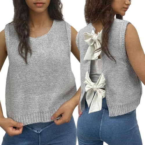 Bow Tie Back Knitted Tank Tops for Women Sweater Vest Top Casual Crop Tie Back Knit Sweater Vest (Gray,S) von Doandcan