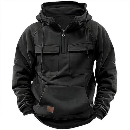 Men Tactical Sweatshirt Quarter Zip Cargo Pullover Long Sleeve Hoodies Winter Jacket Outdoor with Pocket (Black,M) von Doandcan