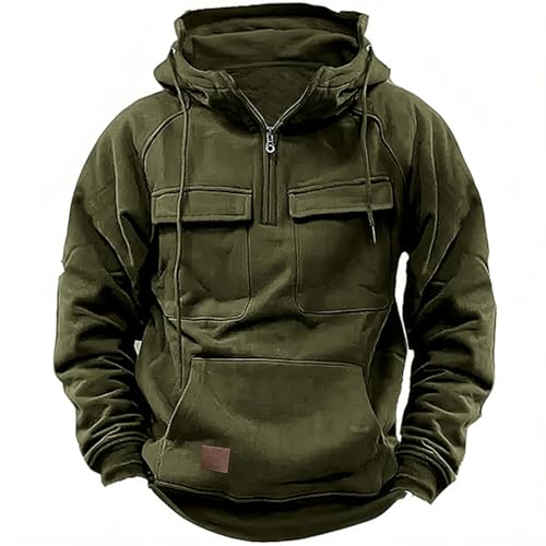 Men Tactical Sweatshirt Quarter Zip Cargo Pullover Long Sleeve Hoodies Winter Jacket Outdoor with Pocket (Green,XL) von Doandcan