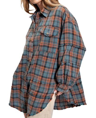 Oversized Flannel Plaid Shirts for Women's, Seams Raw Edge Washed Oversized Shirt Jacket with Pockets (Green,L) von Doandcan