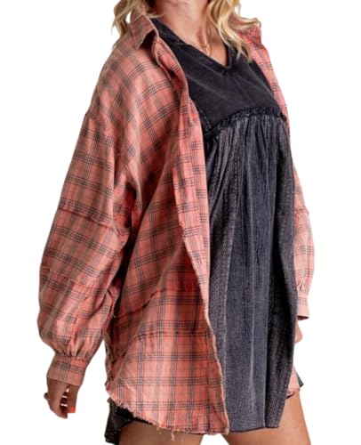 Oversized Flannel Plaid Shirts for Women's, Seams Raw Edge Washed Oversized Shirt Jacket with Pockets (Pink,3XL) von Doandcan