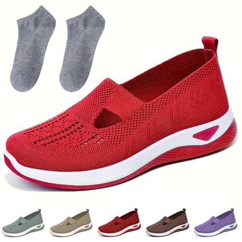 Women Woven Orthopedic Breathable Soft Sole Shoes, 2024 New Comfortable Knitted Sneakers Orthopedic Shoes for Women (red,9) von Doandcan