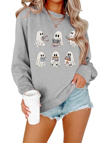 Women's Halloween Crewneck Sweatshirt Cute Ghost Graphic Pullover Tops Funny Ghost Graphic Print Shirt Tops (Gray,M) von Doandcan