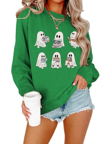 Women's Halloween Crewneck Sweatshirt Cute Ghost Graphic Pullover Tops Funny Ghost Graphic Print Shirt Tops (Green-b,XL) von Doandcan