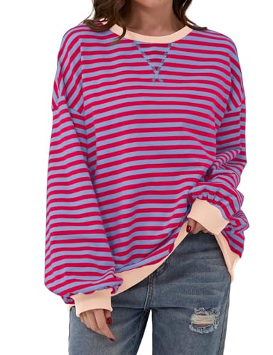 Womens Stripes Color Block Sweatshirts Oversized Striped Crewneck Pullover Top Long Sleeve Shirt for Women Loose Fit (Purple,S) von Doandcan