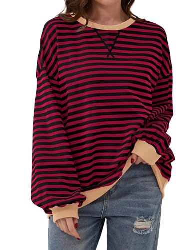 Womens Stripes Color Block Sweatshirts Oversized Striped Crewneck Pullover Top Long Sleeve Shirt for Women Loose Fit (Wine red,M) von Doandcan