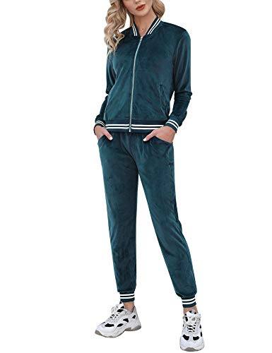 Doaraha Damen Freizeitanzug Velours Pyjama Hausanzug Samt Loungeanzug Modischer Zipjacke+Sportswear-Hose Bequemer Homewear-Anzug für Frühling, Herbst und Winter， Dunkelgrün， XL von Doaraha