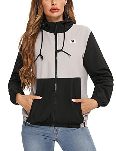 Doaraha Damen Regenmantel Modisch Jacke Sommer Kurzjacke Softshell Jacken Laufjacke Wasserdicht Outdoorjacke Zipjacke Teenagerjacke Wetterjacken Allwetterjacke, Grau Schwarz, L von Doaraha