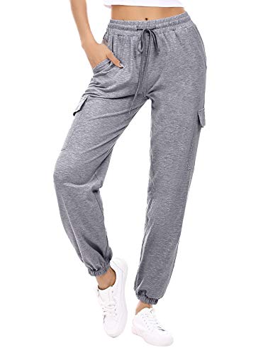 Doaraha Jogginghose Damen Lang Baumwolle High Waist Trainingshose, Freizeithose Sweathose mit 4 Taschen Bündchen und Elastischen Kordelzug Slim Fit Sweatpants Grau von Doaraha