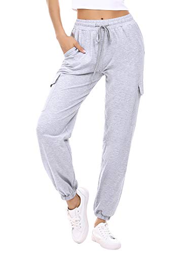 Doaraha Jogginghose Damen Lang Baumwolle High Waist Trainingshose, Freizeithose Sweathose mit 4 Taschen Bündchen und Elastischen Kordelzug Slim Fit Sweatpants Grau von Doaraha